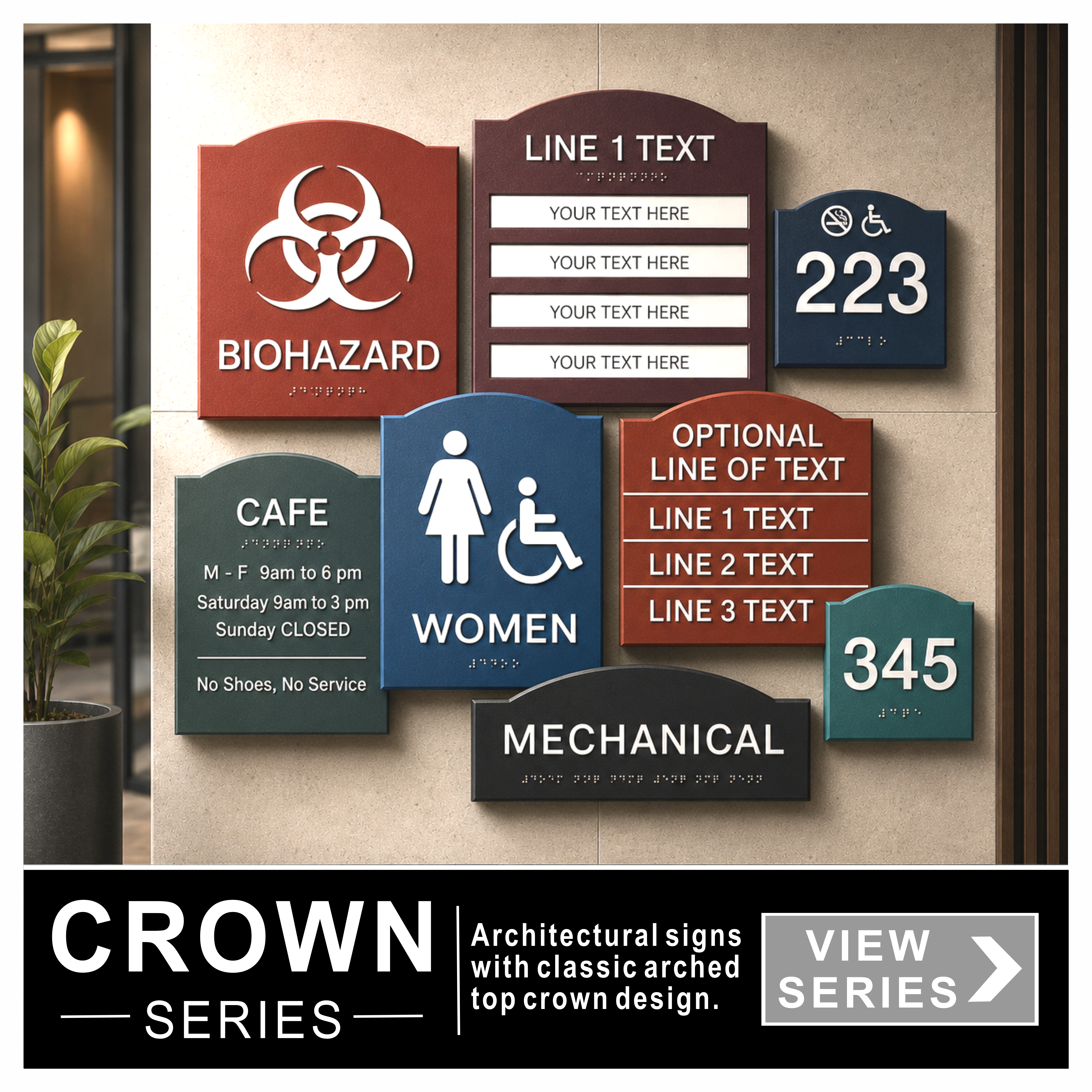 Crown Sign Braille Sign Series that is ADA compliant with top crown shaped design.